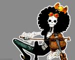  1boy afro black_hair brook denim instrument jeans lowres male male_focus one_piece pants sitting skeleton skull solo sunglasses violin 