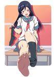  aragaki_ayase bad_id bad_pixiv_id barefoot black_hair brown_eyes desk feet happy highres holding_socks kanna_kanaki long_hair looking_at_viewer ore_no_imouto_ga_konna_ni_kawaii_wake_ga_nai pov pov_feet school_desk school_uniform serafuku single_sock sitting socks soles solo toes 