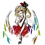  bad_id bad_pixiv_id blonde_hair bow character_name dress evil_grin evil_smile fangs flandre_scarlet grin hat hat_ribbon highres hima_(mizu_ni_tsuyoi) laevatein making_of mob_cap puffy_short_sleeves puffy_sleeves red_eyes ribbon short_hair short_sleeves side_ponytail slit_pupils smile solo touhou upper_body weapon white_background wings 