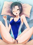 1girl antenna_hair black_eyes black_hair blush breasts censored cleavage clothed_sex competition_swimsuit covered_navel cum cum_in_pussy hetero highres idolmaster idolmaster_(classic) kaiga kikuchi_makoto long_legs medium_breasts mosaic_censoring one-piece_swimsuit one_eye_closed open_mouth penis petite saliva sex short_hair solo_focus swimsuit swimsuit_aside vaginal wet wince 