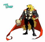  armor blue_eyes boots bracers canine cape dog fur golden_retriever hammer looking_at_viewer male mammal muscles plain_background sharks solo source_request the_avengers thor thor_(deity) white_background yellow_fur 