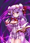  blush book bow breasts bursting_breasts cleavage crescent dress hair_bow hair_ribbon highres large_breasts lilish long_hair magic_circle open_mouth patchouli_knowledge purple_eyes purple_hair ribbon solo touhou 