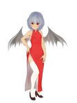  alternate_costume bare_shoulders bat_wings blue_hair blush china_dress chinese_clothes dress garter_straps high_heels looking_at_viewer peperoncirno red_eyes remilia_scarlet shoes short_hair side_slit solo thighhighs touhou white_legwear wings 