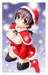  black_hair black_legwear boots breasts brown_eyes capelet christmas cleavage hat highres jindai_komaki large_breasts low_twintails onsoku_maru red_capelet sack saki santa_costume santa_hat solo thighhighs twintails 