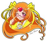  ;p bespectacled blush bow brooch choker circlet copyright_name cure_muse_(yellow) earrings eyelashes frills glasses hair_ribbon heart highres jewelry long_hair magical_girl one_eye_closed orange_hair pink-framed_eyewear pointing precure red_eyes ribbon semi-rimless_eyewear shirabe_ako smile solo suite_precure tongue tongue_out touma_(halcyon13) under-rim_eyewear yellow_bow yellow_choker 
