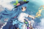  bad_id bad_pixiv_id blue_hair blush bow food fruit hat hinanawi_tenshi keystone long_hair looking_at_viewer peach red_eyes rope shide shimenawa sitting smile solo sword_of_hisou takashiru touhou 