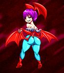  butt clothing darkstalkers demon female hair lilith looking_at_viewer looking_back purple_hair red_eyes smile solo succubus thecon tight_clothing video_games wings 