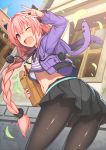  1boy ;d astolfo_(fate) benitsuki_tsubasa black_bow black_legwear black_skirt blue_sky bow braid building crop_top day fate/apocrypha fate_(series) food from_behind hair_between_eyes holding jacket long_sleeves looking_at_viewer looking_back loud male_focus multicolored_hair navel one_eye_closed open_clothes open_jacket open_mouth outdoors pantyhose pink_hair shirt single_braid skirt sky smile solo streaked_hair striped striped_shirt trap white_hair window 
