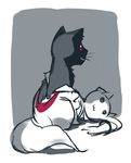  amy_(madoka_magica) animal black_cat cat full_body grey_background kyubey looking_at_viewer looking_back mahou_shoujo_madoka_magica mukiki no_humans sideways_mouth simple_background sitting whiskers 