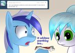  blue_eyes blue_fur colgate_(mlp) dialog duo english_text equine female feral friendship_is_magic fur green_eyes hair horn horse mammal multi-colored_hair my_little_pony plain_background pony text toothpaste unicorn white_background white_fur 