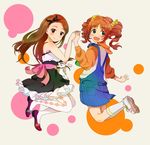  argyle argyle_legwear bad_id bad_pixiv_id brown_eyes brown_hair green_eyes gyoniku_sausage_funsai_gyokurocha holding_hands hood hoodie idolmaster idolmaster_(classic) long_hair minase_iori multiple_girls orange_hair overalls pinstripe_pattern smile striped stuffed_animal stuffed_bunny stuffed_toy takatsuki_yayoi twintails 