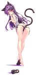 anal anal_beads anal_object_insertion anal_tail animal_ears apron ass bare_shoulders blush breasts butt_crack cat_ears crossed_legs fake_tail full_body gokou_ruri highres long_hair long_legs looking_at_viewer looking_back nipples object_insertion ore_no_imouto_ga_konna_ni_kawaii_wake_ga_nai panties purple_hair red_eyes shoes side-tie_panties single_shoe small_breasts solo standing tail underwear watson_cross white_background youta 