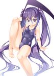  :&lt; arm_support bare_shoulders barefoot blush cameltoe closed_mouth collarbone covered_navel flat_chest hair_between_eyes hair_ornament hairclip ichi_makoto long_hair looking_at_viewer maou_no_shimobe_ga_arawareta! navel one-piece_swimsuit purple_eyes purple_hair school_swimsuit school_uniform scythe shiny shiny_clothes simple_background sitting skindentation solo swimsuit twintails v-shaped_eyebrows very_long_hair white_background 