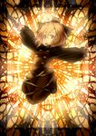  bad_id bad_pixiv_id blonde_hair bow brown_eyes dress hair_bow hati105 jumping kurodani_yamame long_sleeves looking_at_viewer open_mouth outstretched_arms ponytail ribbon short_hair smile solo spread_arms touhou 