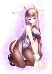  animal_ears bad_id bad_pixiv_id black_legwear bow breasts bunny_ears bunny_tail bunnysuit cleavage crescent crescent_hair_ornament detached_collar hair_ornament highres large_breasts long_hair pantyhose patchouli_knowledge purple_eyes purple_hair solo tail touhou wrist_cuffs yutazou 