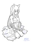  2013 :&lt; bare_shoulders blush breasts cleavage dated dress gauntlets jewelry junkpuyo kataasa-ko large_breasts lineart long_hair monochrome necklace pearl_necklace ragnarok_online seiza shura_(ragnarok_online) sitting sketch solo strapless strapless_dress sweatdrop 