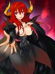  breasts bridal_gauntlets cleavage horns jewelry large_breasts long_hair maou_(maoyuu) maoyuu_maou_yuusha open_mouth orion_(orionproject) outstretched_hand red_eyes red_hair ring solo 