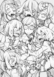  1boy 6+girls dowman_sayman drooling everyone hoshikawa_lily konno_junko minamoto_sakura mizuno_ai monchrome multiple_girls nikaidou_saki scar tatsumi_koutarou yamada_tae yuugiri_(zombie_land_saga) zombie zombie_land_saga 