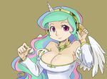  breasts celestia_(my_little_pony) cleavage cutie_mark gold_trim headphones horn horse_girl large_breasts multicolored_hair my_little_pony my_little_pony_friendship_is_magic personification purple_eyes shepherd0821 simple_background solo unicorn_girl wings 