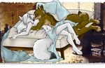  anthro bed blanket breasts brown_fur canine closed covers duo eyes female fox fur hug male mammal mattress nude pillow sheets smile straight unknown_artist white_fur 