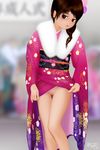  1girl acerbi brown_eyes brown_hair japanese_clothes kimono looking_at_viewer no_panties pussy solo uncensored 