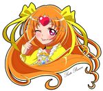  ;p blush bow brooch choker circlet copyright_name cure_muse_(yellow) earrings eyelashes frills hair_ribbon heart highres jewelry long_hair magical_girl one_eye_closed orange_hair pointing precure red_eyes ribbon shirabe_ako smile solo suite_precure tongue tongue_out touma_(halcyon13) yellow_bow yellow_choker 