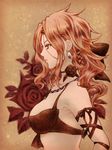  1girl aq_interactive bare_shoulders bra breasts brown_background brown_hair earrings flower green_eyes jewelry long_hair mistwalker necklace nintendo ribbon seiren_(the_last_story) the_last_story underwear 