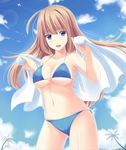  aircraft airplane bikini blue_eyes blush brown_hair cloud condensation_trail day highres lens_flare long_hair looking_at_viewer mizunashi_kenichi navel open_mouth original palm_tree shiny shiny_skin sky smile solo swimsuit towel tree 