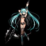  aqua_hair arm_up armpits bad_id bad_pixiv_id breasts cleavage garter_belt hatsune_miku highres kuromayu long_hair looking_at_viewer medium_breasts midriff nail_polish navel open_fly red_eyes scythe short_shorts shorts smile solo thighhighs twintails unzipped vocaloid weapon 