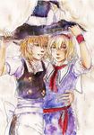  absurdres alice_margatroid blonde_hair blue_eyes braid capelet hands_up hat highres kirisame_marisa maarika multiple_girls rain shared_hat touhou traditional_media watercolor_(medium) witch_hat wrist_cuffs yellow_eyes 