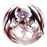  angry ascot bad_id bad_pixiv_id bow brooch character_name clenched_teeth dress fangs fingernails hat hat_ribbon highres hima_(mizu_ni_tsuyoi) jewelry long_fingernails mob_cap puffy_short_sleeves puffy_sleeves purple_hair remilia_scarlet ribbon scowl short_hair short_sleeves slit_pupils solo teeth touhou upper_body wings 