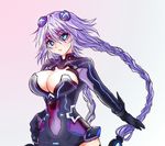  amami_(syouma) bad_id bad_pixiv_id blue_eyes blush braid breasts cleavage cleavage_cutout hair_ornament hand_on_hip kami_jigen_game_neptune_v large_breasts navel neptune_(series) purple_hair purple_heart see-through simple_background solo symbol-shaped_pupils twin_braids 