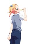  androgynous arm_behind_back ass blue_ribbon blush copyright_request eating ereraero food from_behind green_eyes hair_ornament hair_ribbon hairclip looking_back male_focus orange_hair otoko_no_ko pants popsicle profile ribbon short_sleeves simple_background solo standing uniform vest white_background 