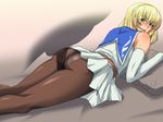  1girl ass bare_shoulders bed blonde_hair blue_eyes blush cassandra_alexandra elbow_gloves gloves gureko_rouman invisible_man looking_back lying namco on_stomach open_mouth panties pantyhose pillow rubbing short_hair simple_background skirt smile soul_calibur sweat thigh_sex underwear upskirt 