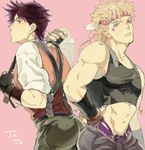  ass bad_id bad_pixiv_id bare_shoulders black_hair blonde_hair boooooo000000 caesar_anthonio_zeppeli crop_top drawr facial_mark fingerless_gloves gloves headband jojo_no_kimyou_na_bouken joseph_joestar_(young) midriff multiple_boys suspenders 