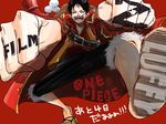  1boy buckle character_name clenched_hand copyright_name fist food jacket male male_focus meat monkey_d_luffy one_piece one_piece_film_z pixiv_manga_sample red_shirt sandals shirt smile solo title_drop twrico waistcoat 