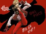  1boy blonde_hair character_name copyright_name fur_jacket gloves hair_over_one_eye jacket_on_shoulders kick kicking male male_focus one_piece one_piece_film_z pixiv_manga_sample red_pants sanji smoking solo title_drop twrico 