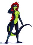  breasts female hair lizard looking_at_viewer nude plain_background red_hair reptile scalie solo tierafoxglove white_background 