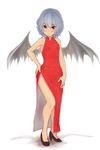  alternate_costume bare_legs bare_shoulders bat_wings blue_hair blush china_dress chinese_clothes dress high_heels looking_at_viewer peperoncirno red_eyes remilia_scarlet shoes short_hair side_slit solo touhou wings 