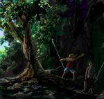  2boys brother brothers child east_blue forest hat male male_focus monkey_d_luffy multiple_boys nature one_piece pole portgas_d_ace red_shirt shirt shueisha siblings straw_hat tree weapon young younger 