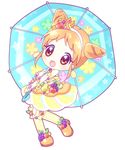  :d aikatsu! aikatsu!_(series) arisugawa_otome blush brown_eyes brown_hair chibi food food_themed_clothes fruit hair_ornament hairband highres looking_at_viewer mirai_(sugar) open_mouth simple_background smile solo standing standing_on_one_leg star umbrella white_background 