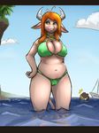  big_breasts bikini black_hair bovine breasts camel_toe chubby cleavage clothed clothing female fur hair hand_on_hip horn jassbefrold mammal orange_hair outside standing swimsuit thick_thighs tight_clothing tongue tongue_out water white_fur yellow_eyes 