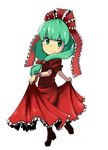  blush boots bow chibi dress frills front_ponytail green_eyes green_hair hair_ribbon highres kagiyama_hina long_hair peperoncirno ribbon smile solo touhou wrist_ribbon 