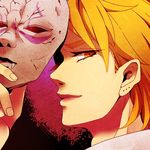  birthmark blonde_hair dio_brando jojo_no_kimyou_na_bouken kano_(soukai) lips male_focus mask red_eyes slit_pupils solo stone_mask_(jojo) 