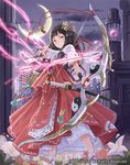  armor arrow battle_maiden_sayorihime bow brown_hair building cardfight!!_vanguard crescent_moon flower hair_ornament japanese_clothes katana kimono long_hair looking_at_viewer miko moon oracle_think_tank pink_eyes ribbon sword weapon yin_yang 