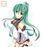  alternate_costume alternate_hairstyle breasts cross detached_sleeves dress frog_hair_ornament green_eyes green_hair hair_ornament hair_tubes kochiya_sanae long_hair medium_breasts ngirln4 ponytail short_dress smile snake_hair_ornament solo thighhighs touhou white_legwear 