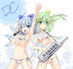  bikini blue_eyes blue_hair bow breasts cameltoe character_name cirno covered_nipples daiyousei fairy_wings fang flat_chest front-tie_top green_eyes green_hair hair_bow ice ice_wings instrument keyboard_(instrument) keytar long_hair micro_bikini microphone multiple_girls navel open_mouth ponytail ribbon ribs shiny shiny_skin short_hair side-tie_bikini side_ponytail skinny smile swimsuit touhou wings yoshino_(hell-ion) 