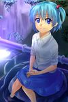  blue_eyes blue_hair blush hair_bobbles hair_ornament highres kawashiro_nitori no_hat no_headwear omaehadareda-uso pipes rock short_hair sitting skirt sleeves_rolled_up smile solo touhou tube two_side_up water 