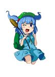  backpack bag blue_eyes blue_hair blush cattail chibi hair_bobbles hair_ornament hat highres jumping kawashiro_nitori key one_eye_closed open_mouth peperoncirno plant pocket skirt sleeves_rolled_up solo touhou two_side_up 