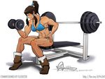  abs avatar:_the_last_airbender avatar_(series) biceps bikini blue_bikini blue_eyes boots breasts brown_hair dark_skin dumbbell exercise hair_tubes highres korra long_hair muscle muscular_female ponytail scruballz sitting smile solo swimsuit the_legend_of_korra topknot watermark web_address weightlifting weights 